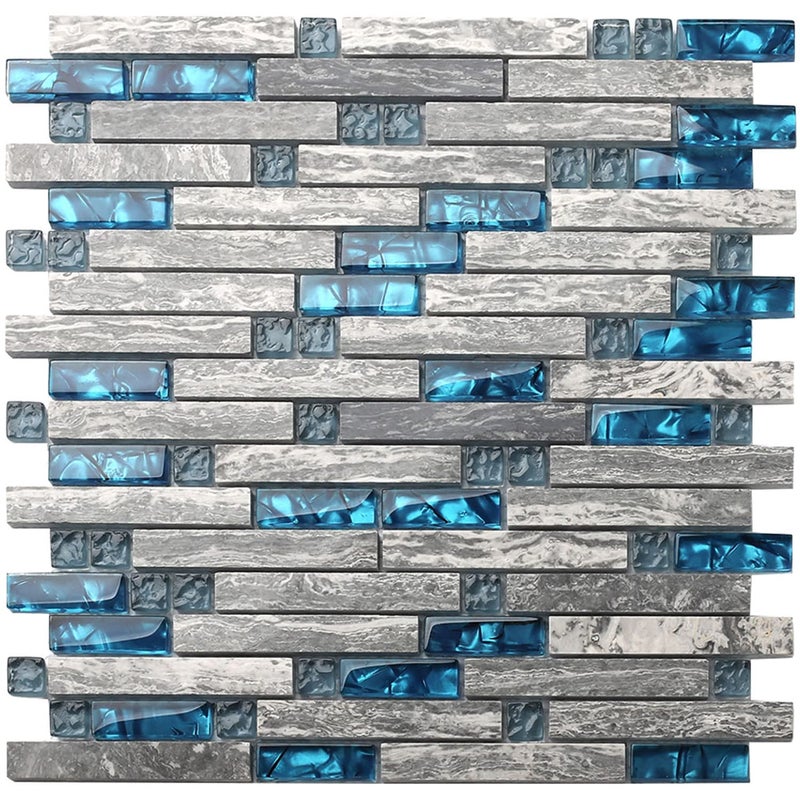 Blujellyfish Gray Marble Tile for Kitchen Backsplash 12 in. x 12 in. x 8 mm Teal Blue Glass Mosaic Bathroom Shower Wall Linear Tiles (Pack of 5 Sheets) - Image 1